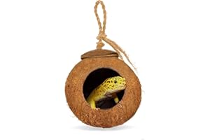 SunGrow Leopard Gecko Coco Hut, Gecko Climbing Accessories, Raw Coconut Shell Reptile Hide, Terrarium Habitat Décor, 2.5” Opening Diameter, with Fiber Loop for Hanging (1-Hole)