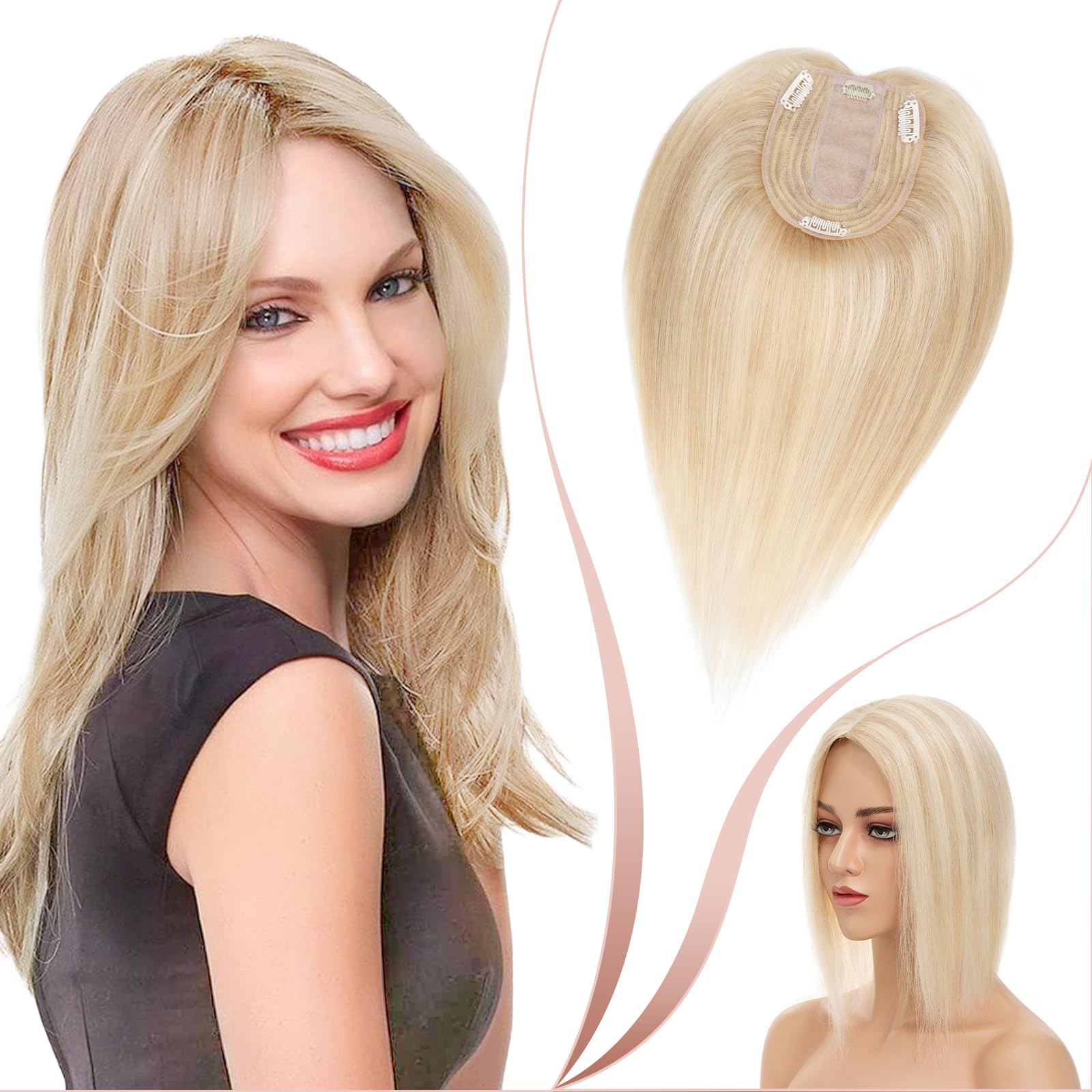 Elailite Hair Topper For Women Human Hair Real Hair Silk Base Clip in Crown HairPiece Toupee - Extensions For Thinning Hair (#18/613 Ash Blonde Mix Bleach Blonde, 12 Inch) — image 1
