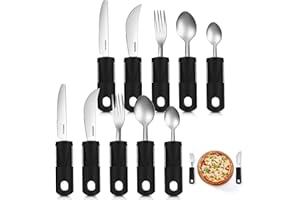 Uiifan 2 Set (10 Pcs) Adaptive Utensils for Hand Tremors, Elderly, Arthritis, Parkinsons Stainless Steel Easy Grip Handles Non Weighted Built up Utensils for Adults Hands Tremors Elderly, Black