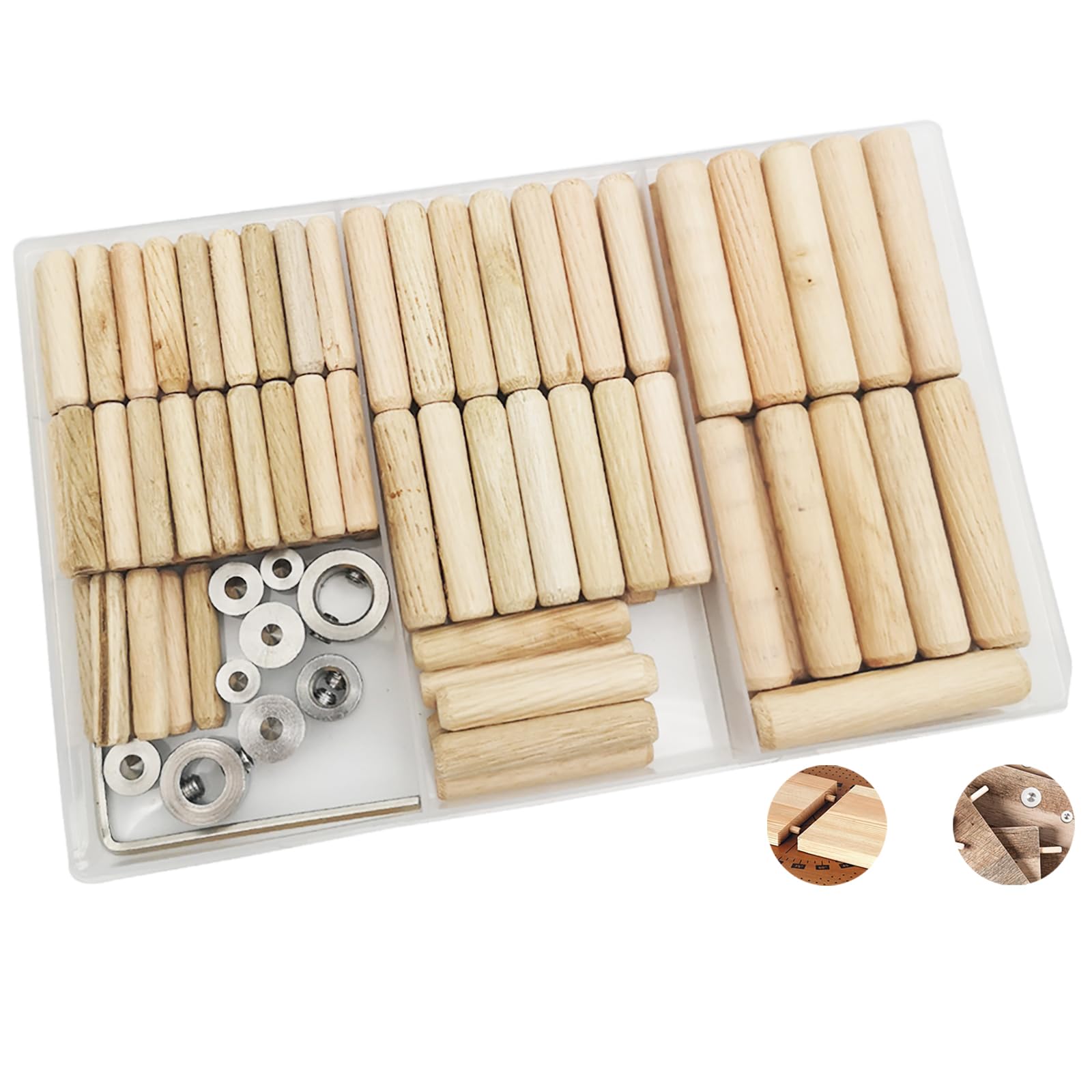 Wooden Dowel, CESFONJER Dowel Kit, 6mm/60 pcs, 8mm/34pcs, 10mm/22pcs Wooden Dowel Pins, 6 pcs Dowel Pin Center and 3 pcs Drill Depth Stop, with Hex Wrenchm, for Craft, DIY, Carpentry