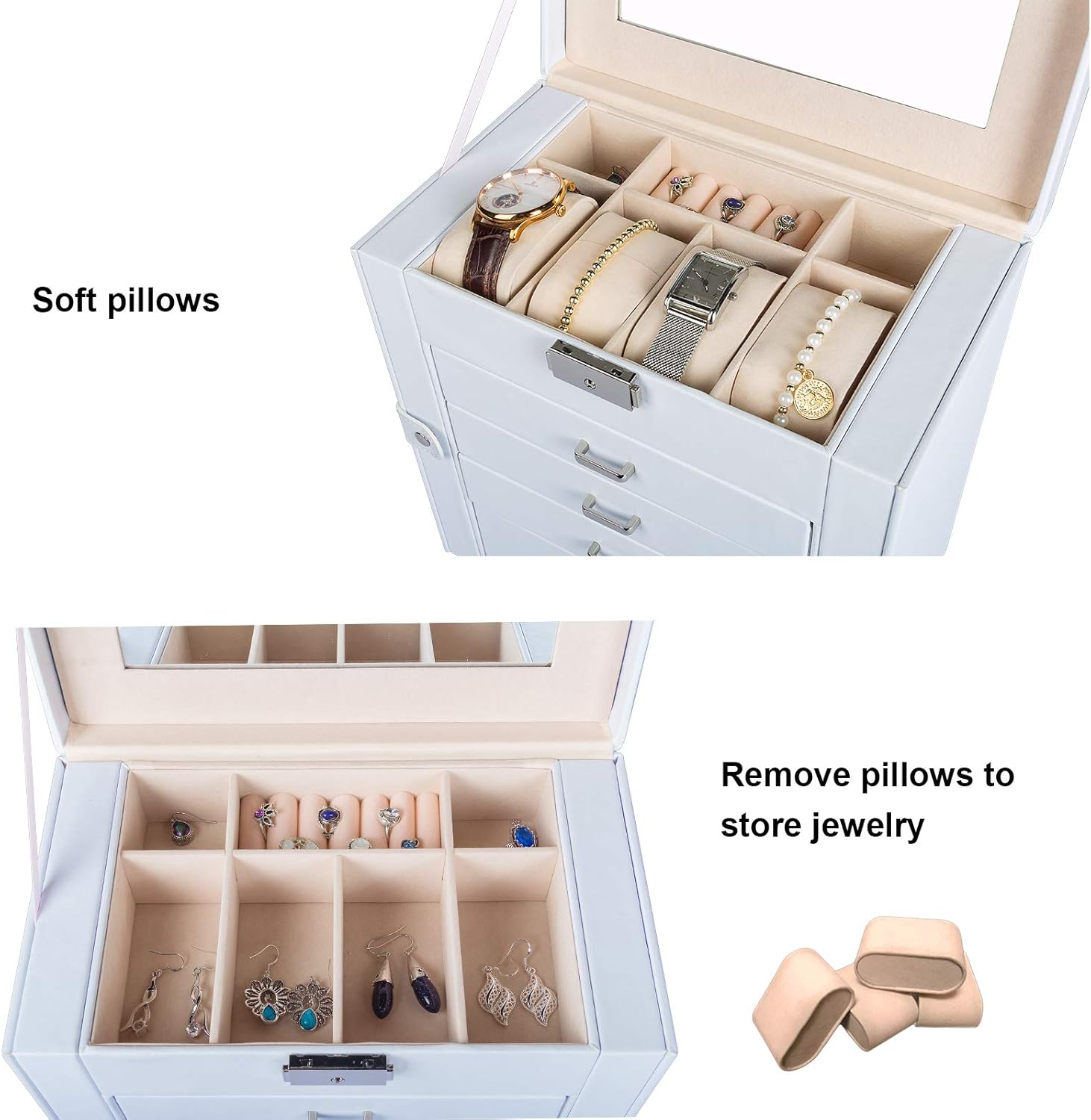 Homde Synthetic Leather Huge Jewelry Box Mirrored Watch Organizer Necklace Ring Earring Storage Lockable Gift Case (White): Home Improvement