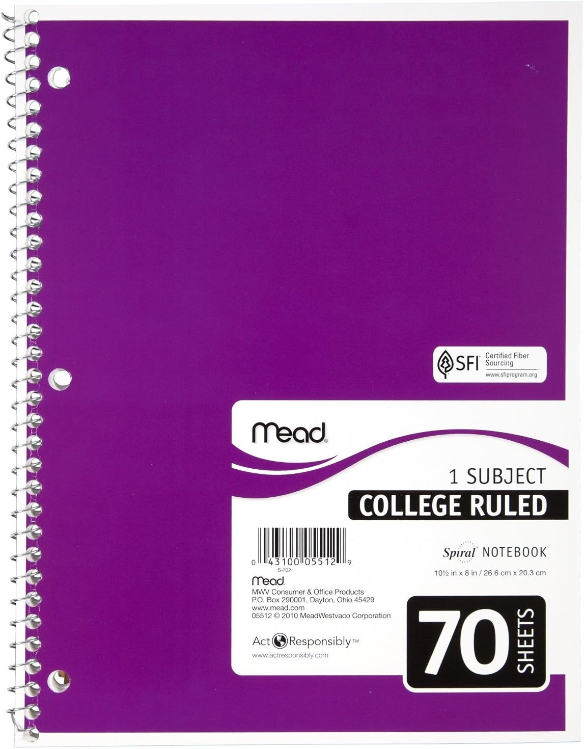 Mead Spiral Notebooks, 1 Subject, College Ruled Paper, 70 Sheets, Colored Note Books, Lined Paper, Home School Supplies for College Students & K-12, 10 1/2" x 8”, Assorted Colors, 6 Pack (73065) : Office Products
