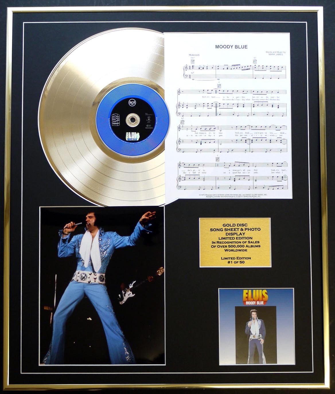 ELVIS PRESLEY/CD GOLD DISC, SONG SHEET & PHOTO DISPLAY/LTD. EDITION/COA/ALBUM MOODY BLUE/SONG SHEET MOODY BLUE