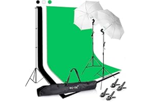 HYJ-INC Photography Photo Video Studio Background Stand Support Kit with 3 Muslin Backdrop Kits (White/Black/Chromakey Green Screen Kit),1050W 5500K Daylight Umbrella Lighting Kit with Carry Bag