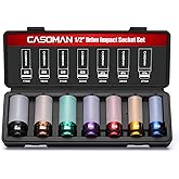 CASOMAN 7PCS 1/2" Drive Deep Lug Nut Impact Socket Set, Non-marring & Thin Wall Wheel Protector, Color-Coded, 85mm Length, 6 Point, Metric, CR-MO
