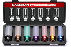CASOMAN 7PCS 1/2" Drive Deep Lug Nut Impact Socket Set, Non-marring & Thin Wall Wheel Protector, Color-Coded, 85mm Length, 6 
