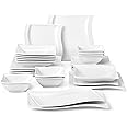 MALACASA Plates and Bowls Sets, 26 Pieces Ivory White Porcelain Dinnerware Sets without Mugs, Square Dinnerware with Dinner Plates, Bowls and Serving Platters, Modern Dish Set for 6, Series Flora