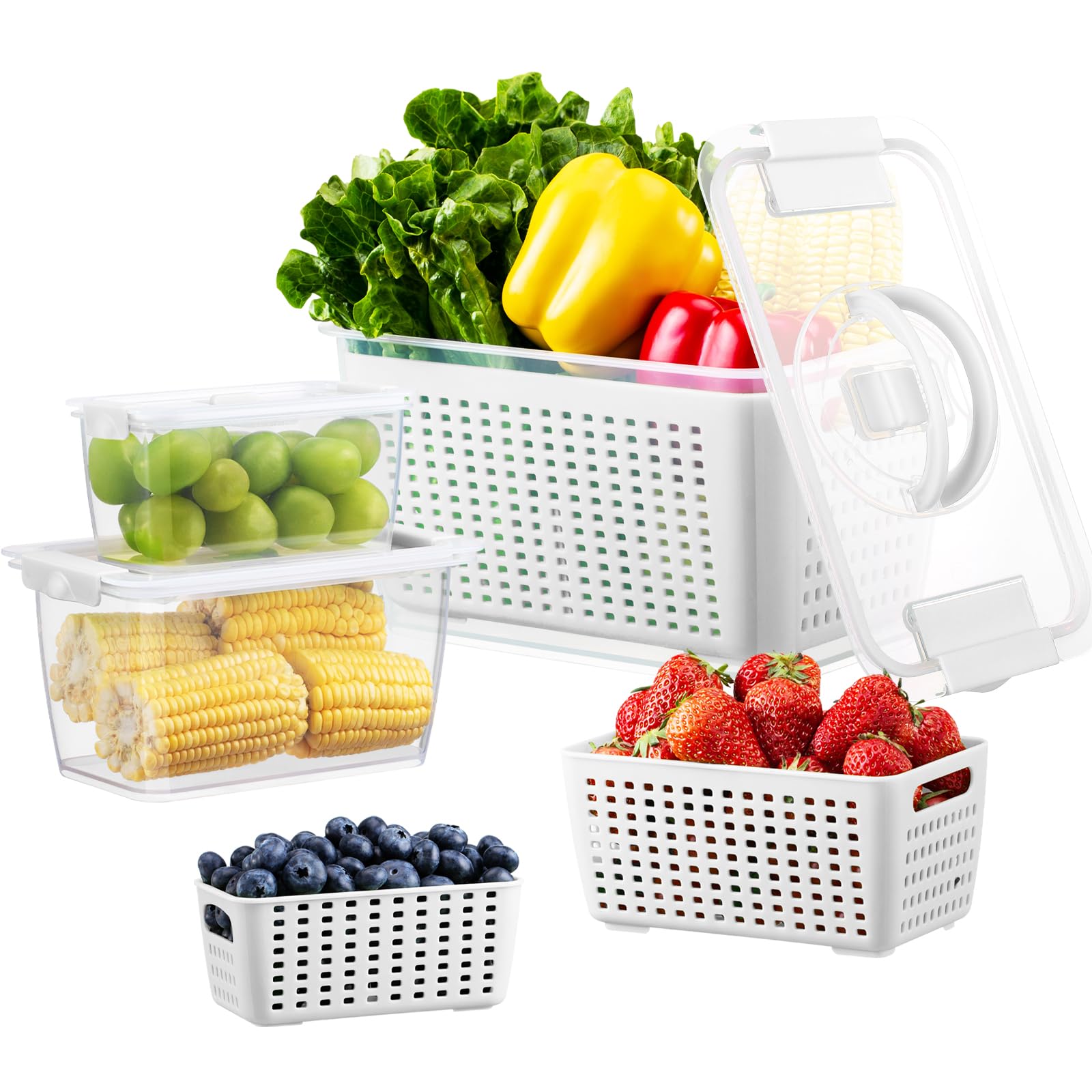 Luxear 3 Set Frischhaltedosen mit Deckel Abtropfgitter, 4L+1,7L+0,5L Kühlschrank Vorratsdosen Set, BPA Frei Frischhalteboxen mit Griff Luftablassventil, für Gemüse Obst Salat Spülmaschinenfest