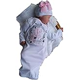 Theposhlayette Newborn Baby Girl Coming Home Outfit Personalized Layette Gown with Beanie Baby Girl Shower Gifts (White/Pink) (0 to 3 Months)