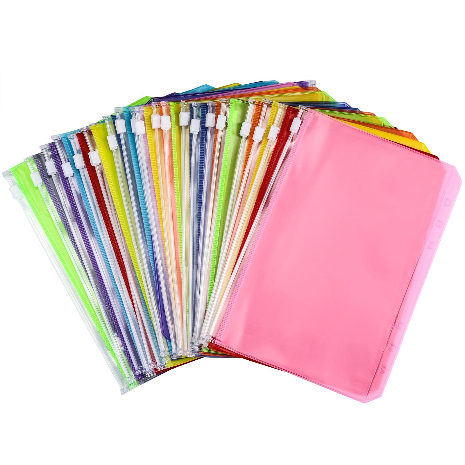 24Pcs A5 Binder Pockets 6 Holes Zipper Binder Pouch for Cash,ID Card,Credit Card, 8 Colors