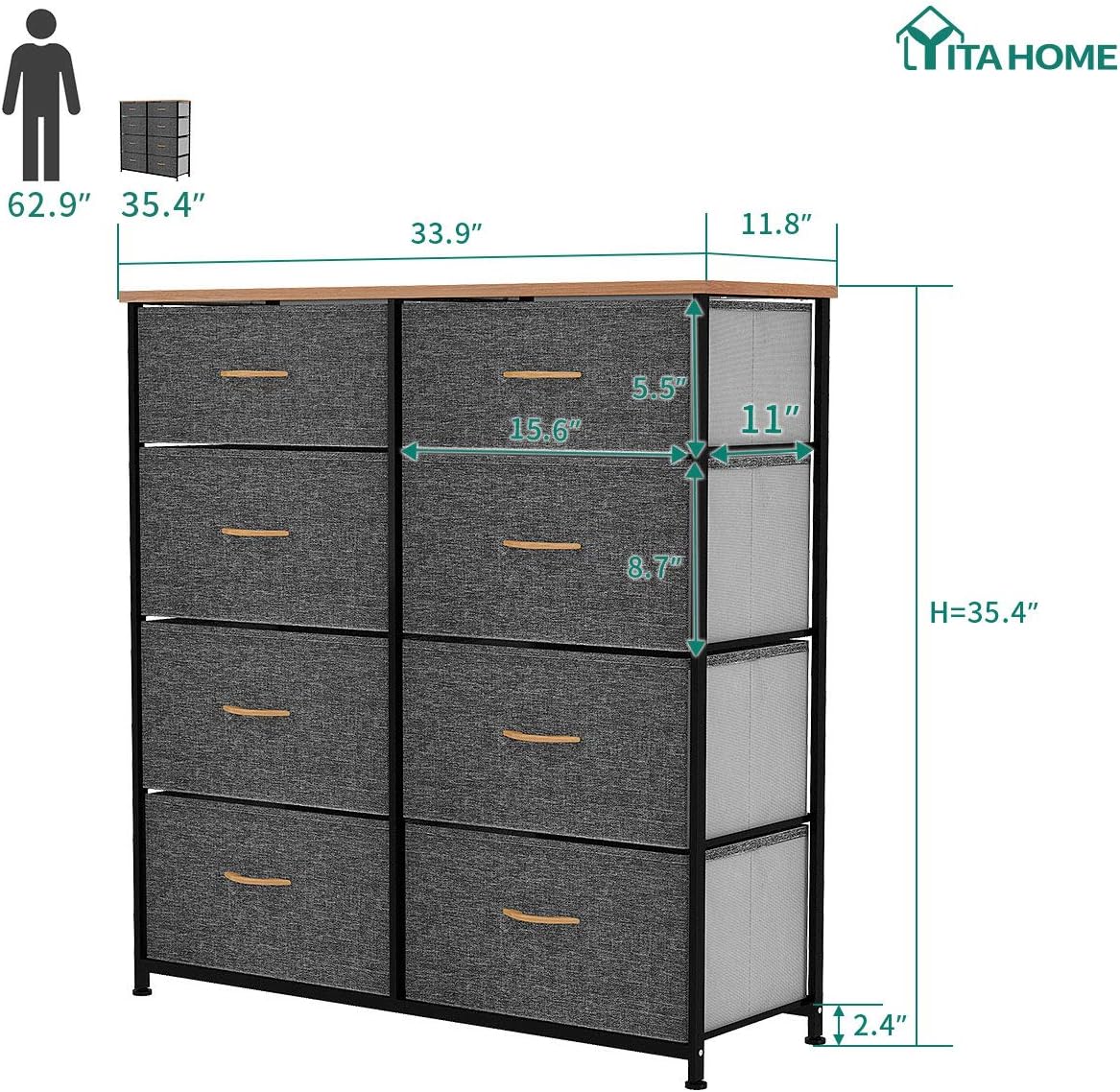 YITAHOME Storage Tower Unit with 8 Drawers - Fabric Dresser with Large Capacity, Organizer Unit for Bedroom, Living Room & Closets - Sturdy Steel Frame, Wooden Top & Easy Pull Fabric Bins (Dark Grey): Home Improvement