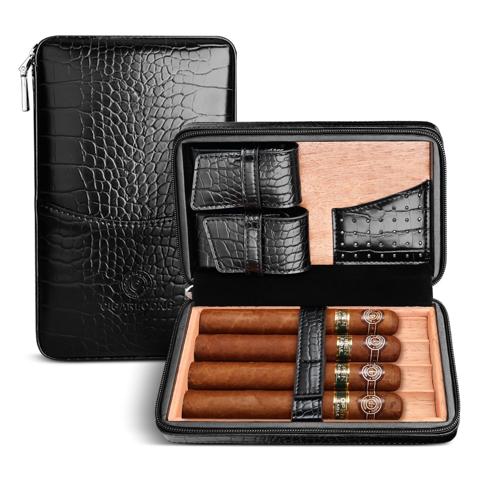 CIGARLOONG Cigar Humidor Leather Travel Cigar Case Built-in Removable Cedar Tray with Multifunction Cigars Bag(Color:Bright Black), Gifts for Men