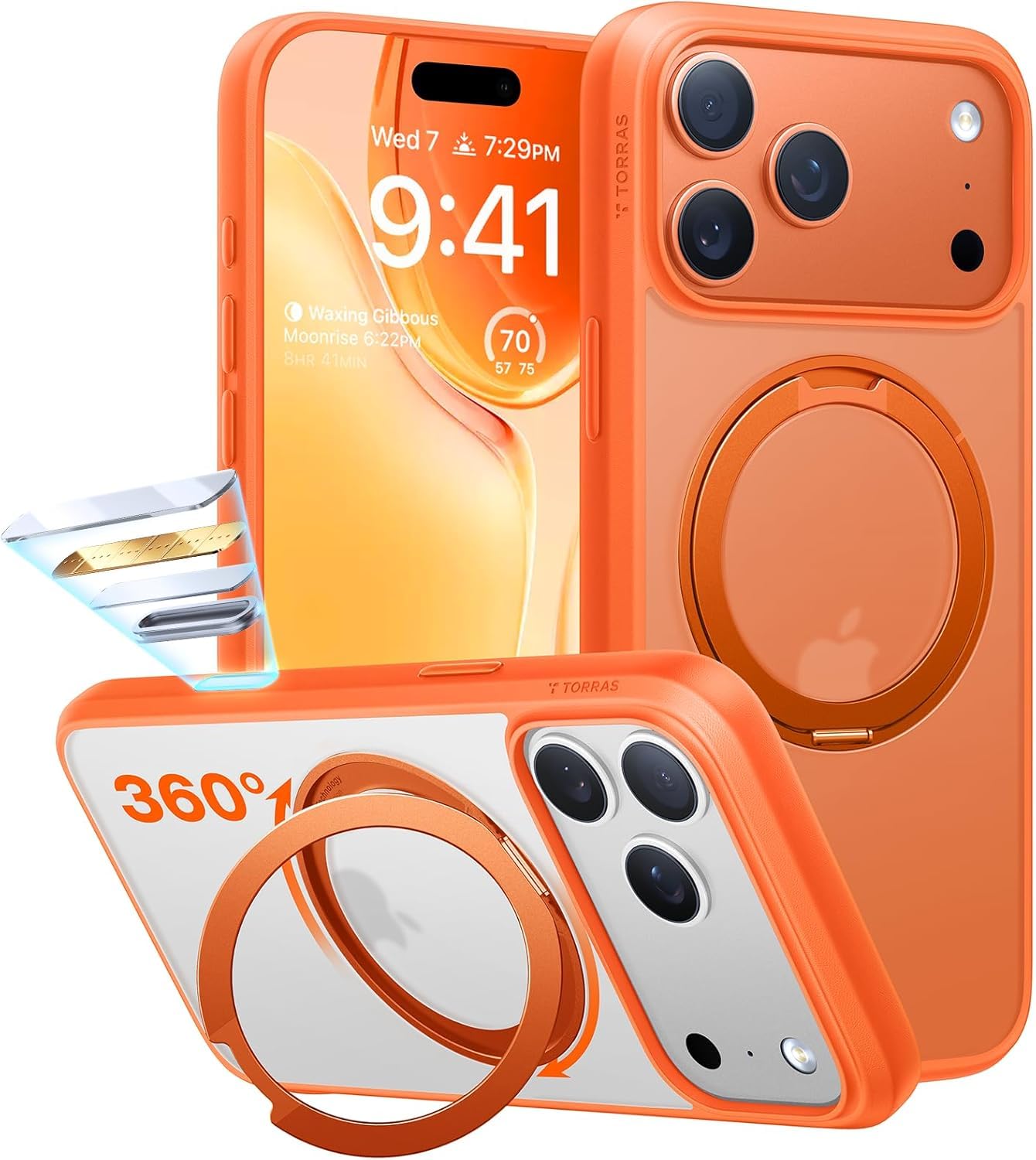 Photo 1 of TORRAS Upgraded 360 Rotatable Magnetic Stand for iPhone 17 Pro Max Case, Fit for MagSafe with Ring, Mil-Grade Protection, Camera Control, Translucent Slim for 17 ProMax Case Ostand, Cosmic Orange