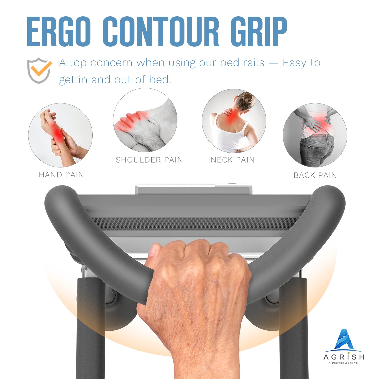 Agrish Bed Rails for Elderly Adults Safety - with Motion Light & Storage Pouch, Bedside Assist Bar with Support Legs for Seniors & Surgery Patients - Medical Bed Rail