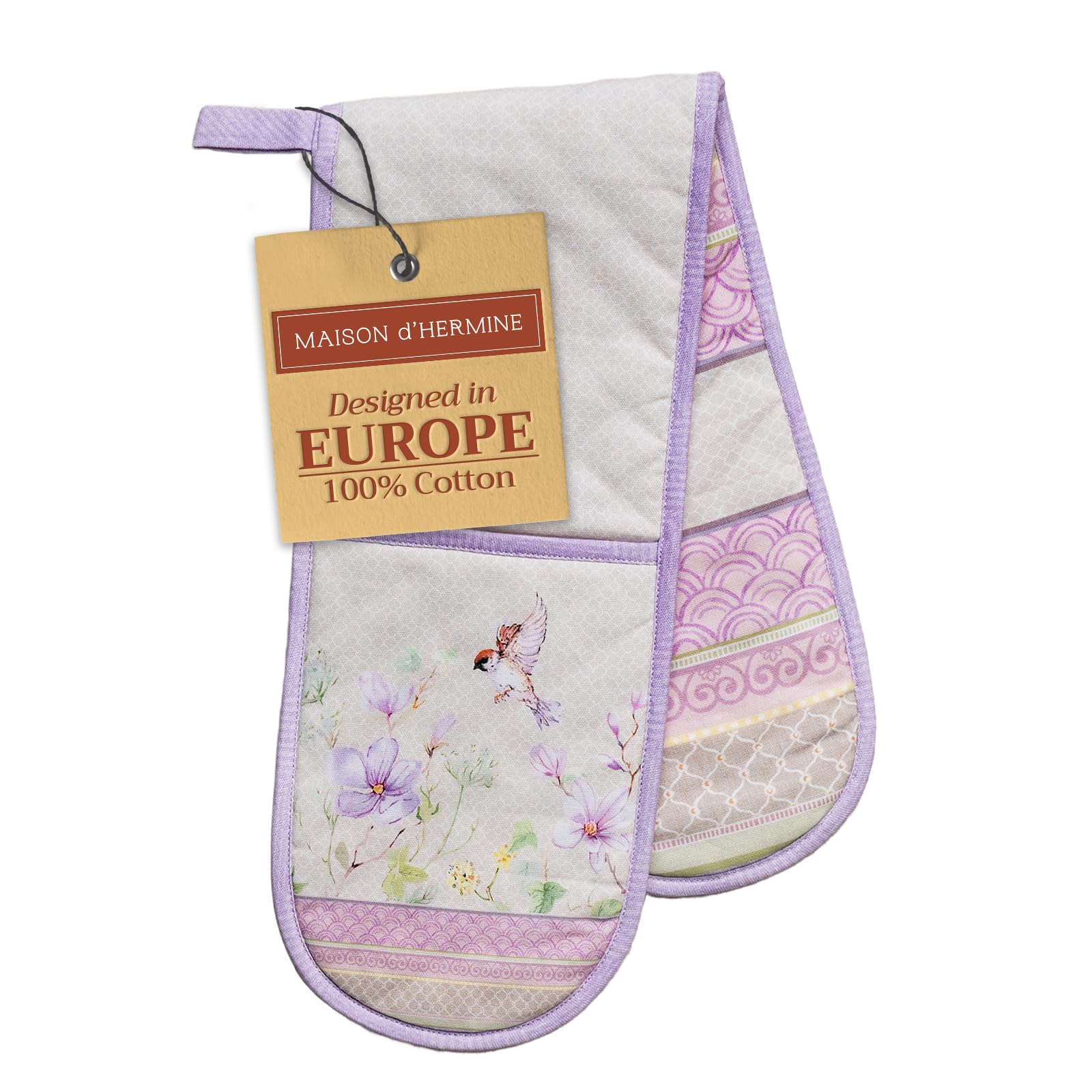 Maison d' Hermine Double Oven Mitts 100% Cotton 18 cm x 89 cm Double Oven Mitt Heat Resistant Cooking Gloves with Loop Baking Grilling Handling Hot Pans Gifts for Mothers Day (Magnolia Mornings)