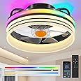 BYKISTOK Flush Mount Ceiling Fan with RGB Light - 13“ Small Bladeless Ceiling Fan Light with Reversible Mute Motor, RGB LED Dimmable, Low Profile Enclosed Ceiling Fans for Indoor, Kids Room, Party