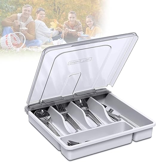 Plastic Cutlery Tray with Lid And Compartment, Multifunction Kitchen