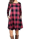Faddare Women's Casual Loose Long Sleeve Striped/Plaid Tunic Dress