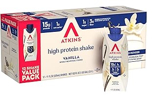 Atkins Creamy Vanilla High Protein Shake, 15g Protein, Low Glycemic, Low Carb and Low Sugar Shakes, Keto Friendly, 12 Vanilla Flavored Protein Shakes