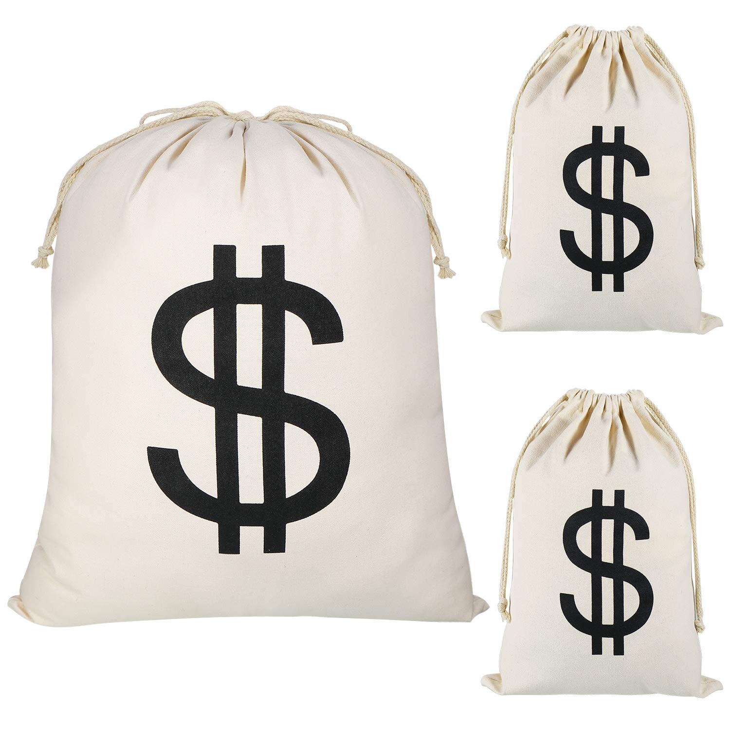Frienda 3 Pieces Dollar Sign Money Bag Canvas Drawstring Bag Halloween Robber Costume Set for Halloween Party Pirate Canvas Money Sign Bag Thief Cosplay Costume 20 x 24 Inches and 7.9 x 11.8 Inches