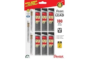 Pentel Super Hi-Polymer HB 0.5 mm Lead Refill Pack - 6 Packs of 30 Leads & 3 Packs of 4 Latex-Free White Erasers - Mechanical Pencil Refills