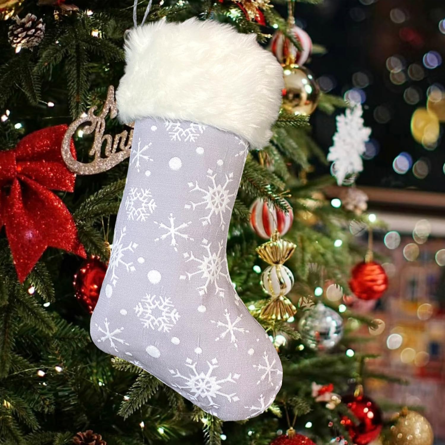 Mauts 23" Grey Christmas stocking, Christmas decorations stocking classic snowflake pattern, Used For Christmas Tree Gift Box Mantel Decoration Party Christmas.