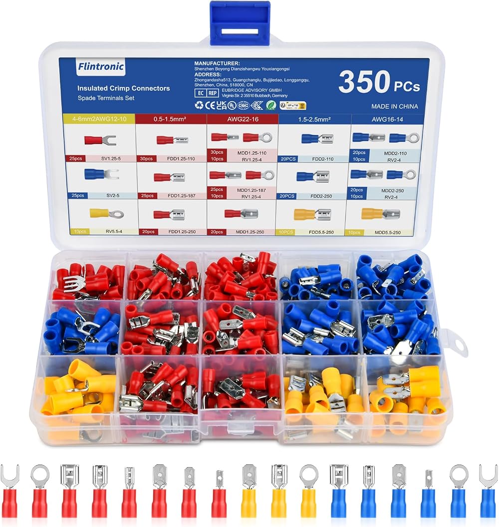Flintronic 350Pcs Crimp Connectors 0.5-6mm² Male Female Insulated Terminal Set