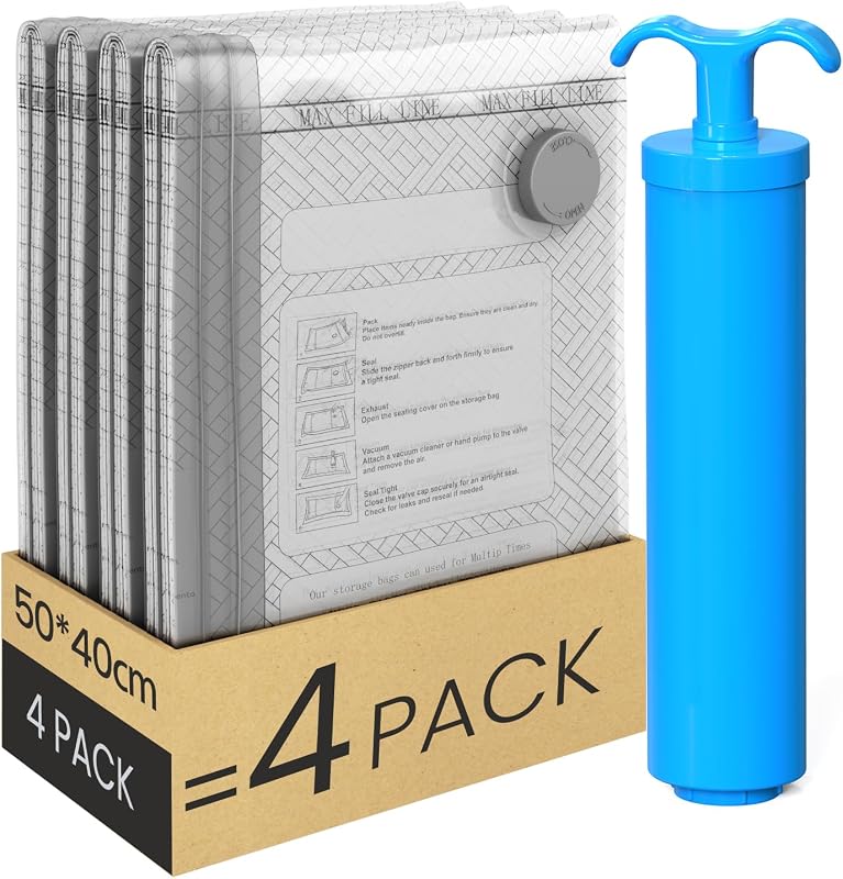 Sacchetti Sottovuoto Vestiti con Pompa Manuale, 4 Buste Sottovuoto Vestito (4 * 50x40cm), Sacchi Sottovuoto Vestito per Viaggi, Traslochi e Stoccaggio