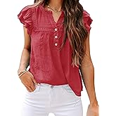 Orchidays Women's V Neck Lace Crochet Shirts Short Sleeve Button Down Casual Solid Blouse Tops
