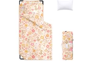 Wake In Cloud - Cot Nap Mat with Pillow and Blanket, for Toddler Kids Girls Ages 3 Plus in Daycare Kindergarten Preschool with Elastic Corner Straps, Floral Botanical Flowers