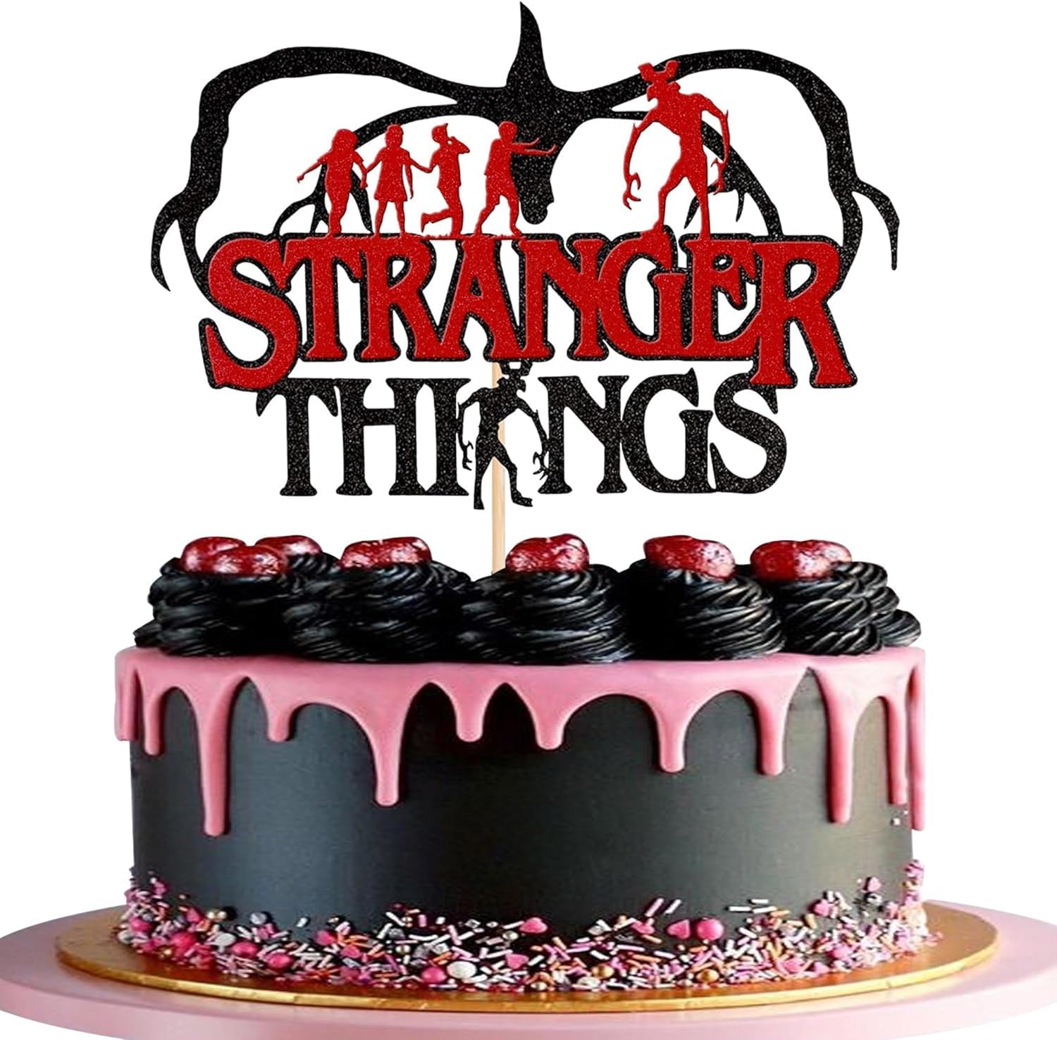 SYKYCTCY 1 Pack Stranger Happy Birthday Cake Topper Assembled Glitter TV Program Inspired Cake Pick Stranger Happy Birthday Theme Cake Decorations Children Boys Girls Birthday Party Supplies