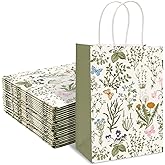 24Pcs Vintage Wildflowers Paper Gift Bags Green Wild Floral Party Favor Bags with Handles Decorative Goodie Candy Treat Bags for Spring Party Supplies