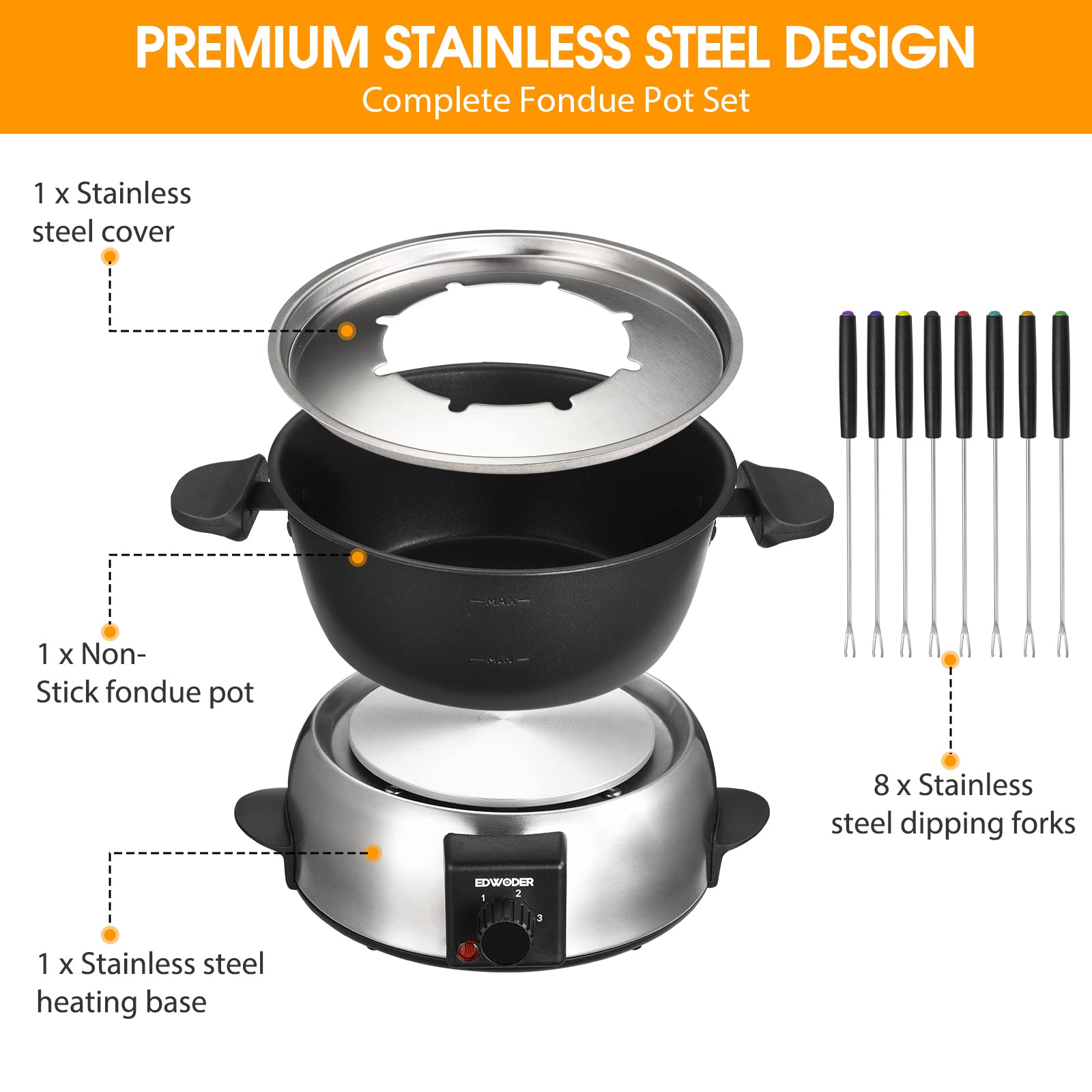 Electric Fondue Pot Set,2Quart 1000Watt NonStick Fondue Maker With