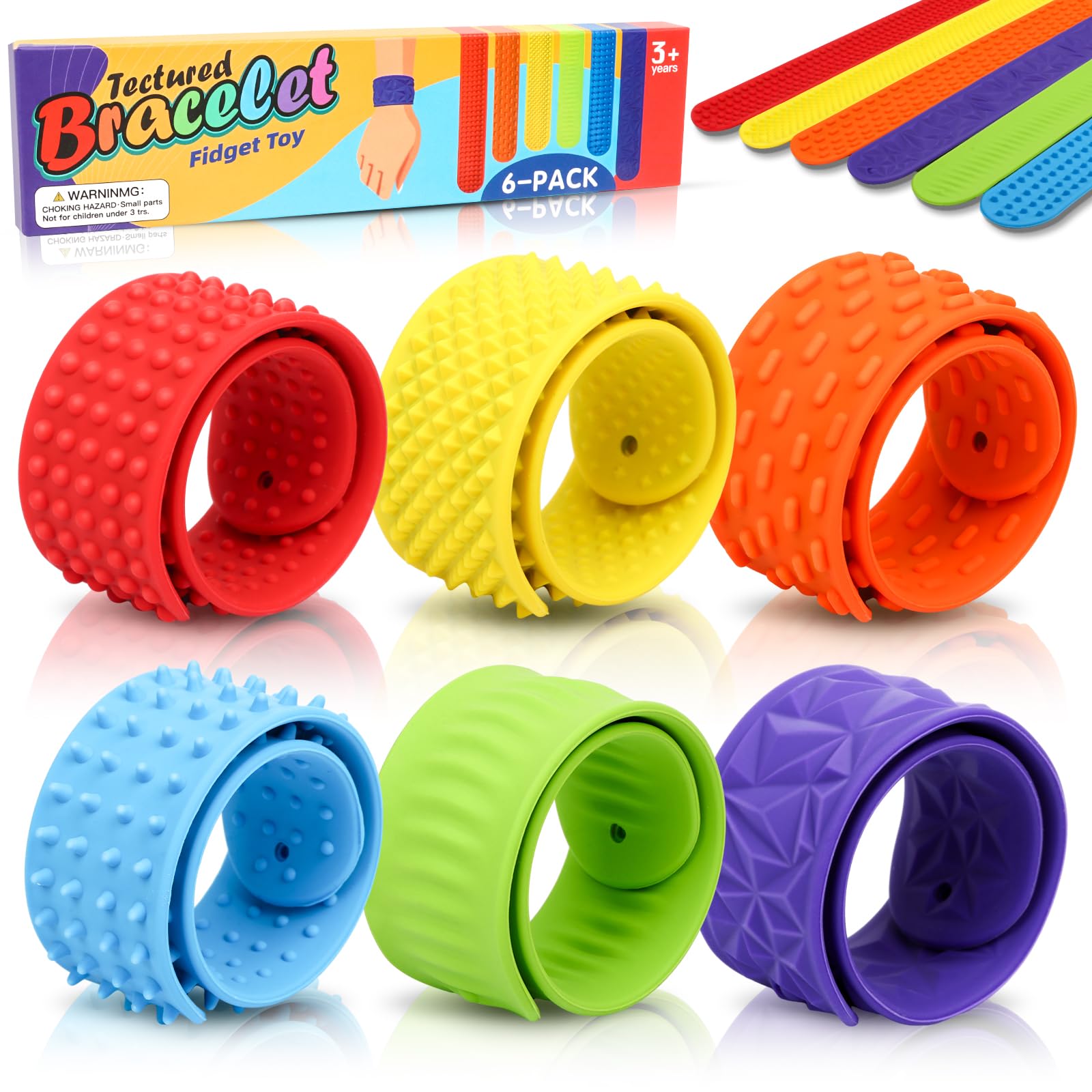 6 Pcs Sensory Slap Bracelets, Textured Soft Fidget Toys for Kids Adults, Colorful Silicone Autism Toys Calming Tool for Special Needs, Anxiety Relief Items for Office Desk, Travel Classroom