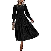 PRETTYGARDEN Women 2026 Spring Puff Long Sleeve Crewneck Smocked Maxi Dress Empire Waist Tiered A-line Swing Flowy Long Dress