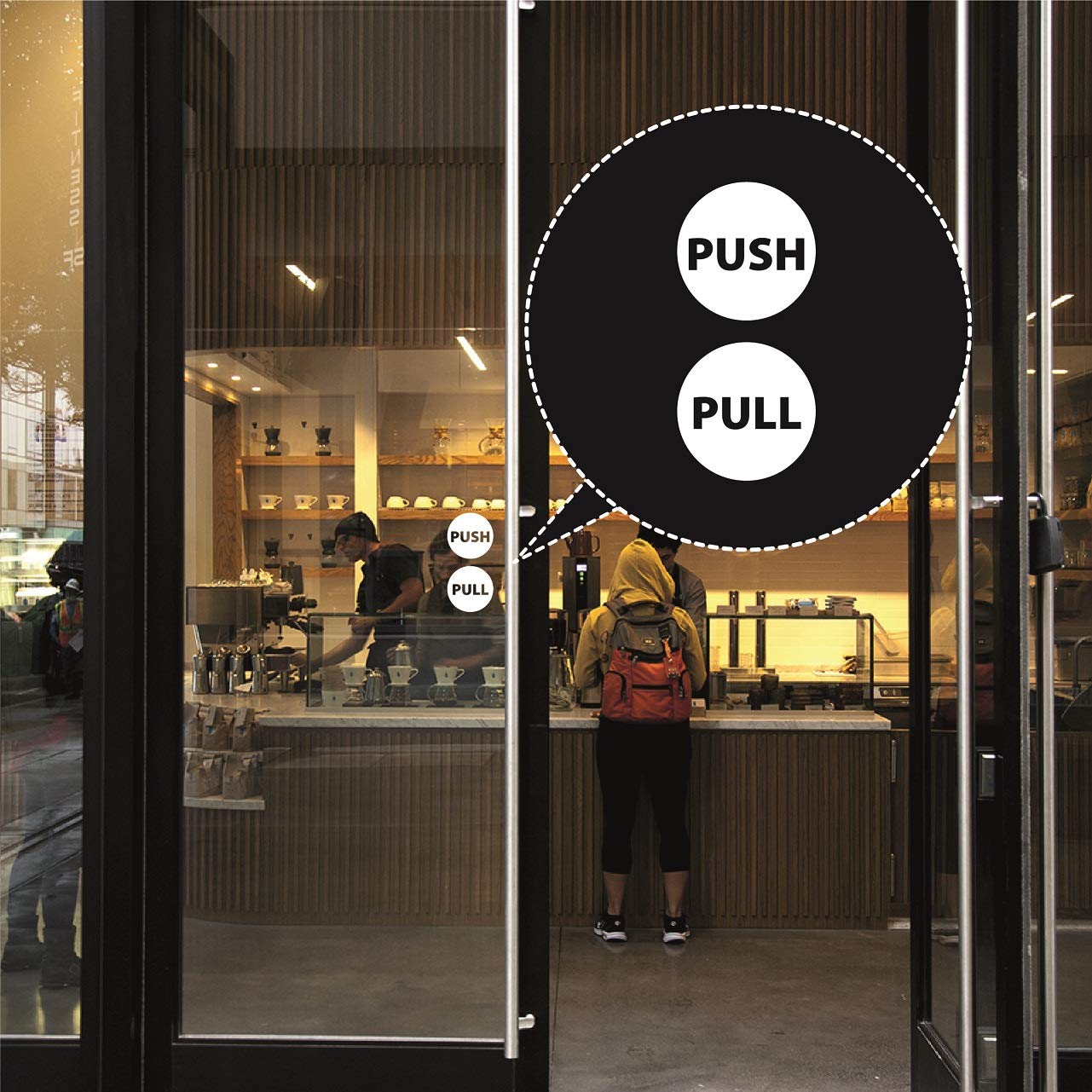 Pull Push Door Sign - Traditional Style Home Decor Wall Sticker. Handmade Push Vertical Stickers Sign – White Self-Adhesive for Business, Stores, Cafes, Shops More. Indoor and Outdoor Round Signs