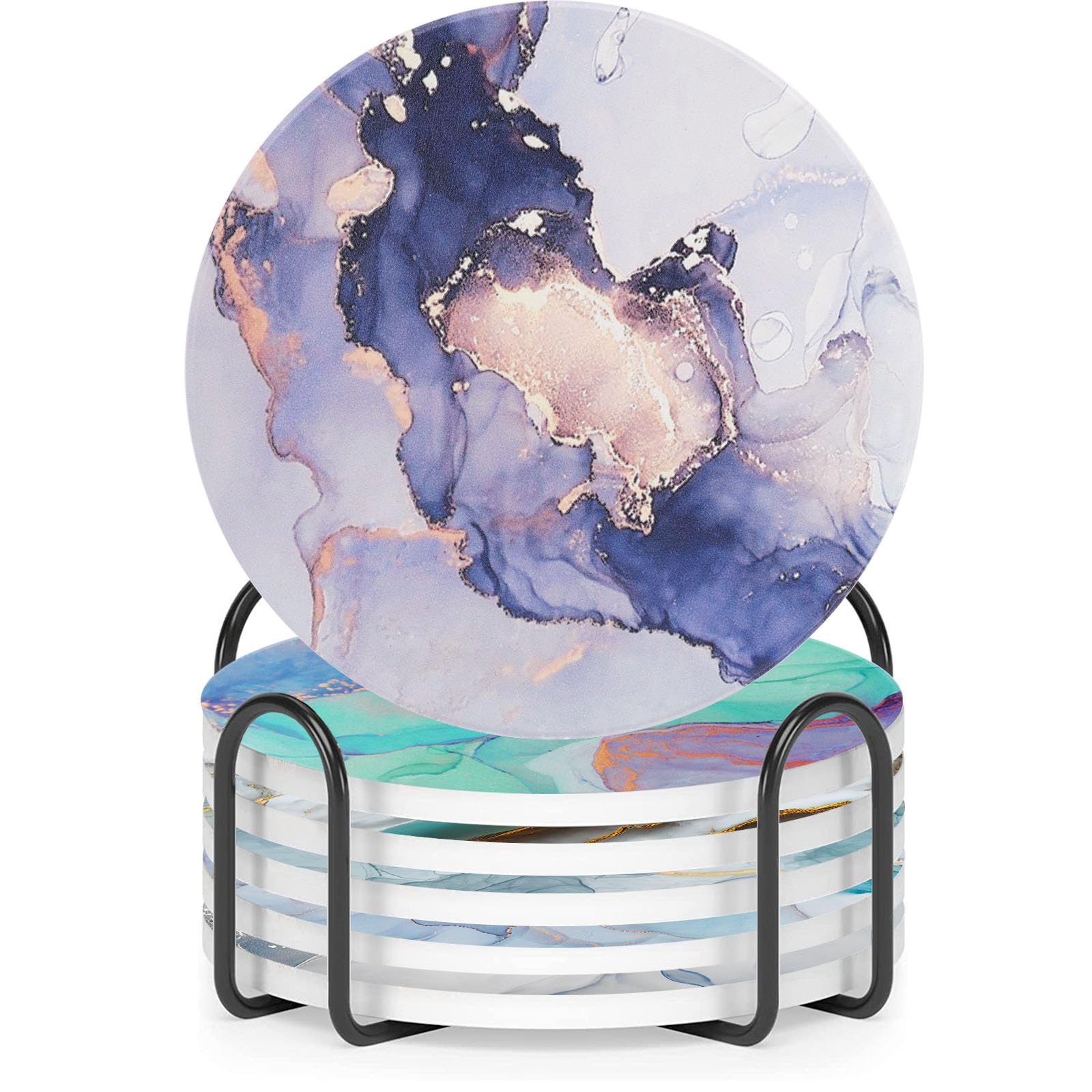 Sigowal Coasters Set of 6, Round Absorbent Ceramic Coasters with Holder, 4 Inches Marble Absorbent Drink Coasters with Non-slip Cork Base for Coffee Table, Mug, Home and Bar, Housewarming Gifts