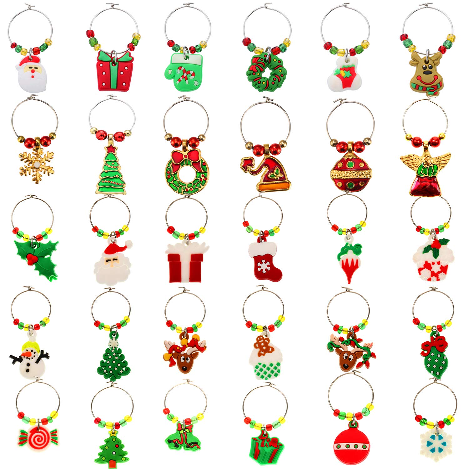 Boao 30 Pieces Christmas Wine Glass Christmas Wine Cup Tags Charms Champagne Cocktail Drink Ring Markers for Christmas Party Supplies