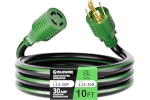 ISLEWIRE 4 Prong 30 Amp Extension Generator Cord 10FT, NEMA L14-30P/L14-30R, 125/250 Volt Up to 7500 Watts, 10 Gauge SJTW Twist Lock Power Cord for Manual Transfer Switch, Black&Green, ETL Listed