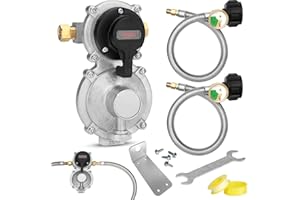 Aekops RV Propane Regulator 2 Tank Hoses for RV Trailer, 2 Stage Camper Propane Regulator Dual Kit with 2pcs 18" RV Propane Hose, Dual Propane Tank Connection Kit for RVs, Vans, Camper, 210,000 BTU