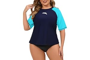 Halcurt Women's Plus Size Short Sleeve Rash Guard Swim Shirts Top Only Loose Fit Swim Tee UPF50+ Swimsuit