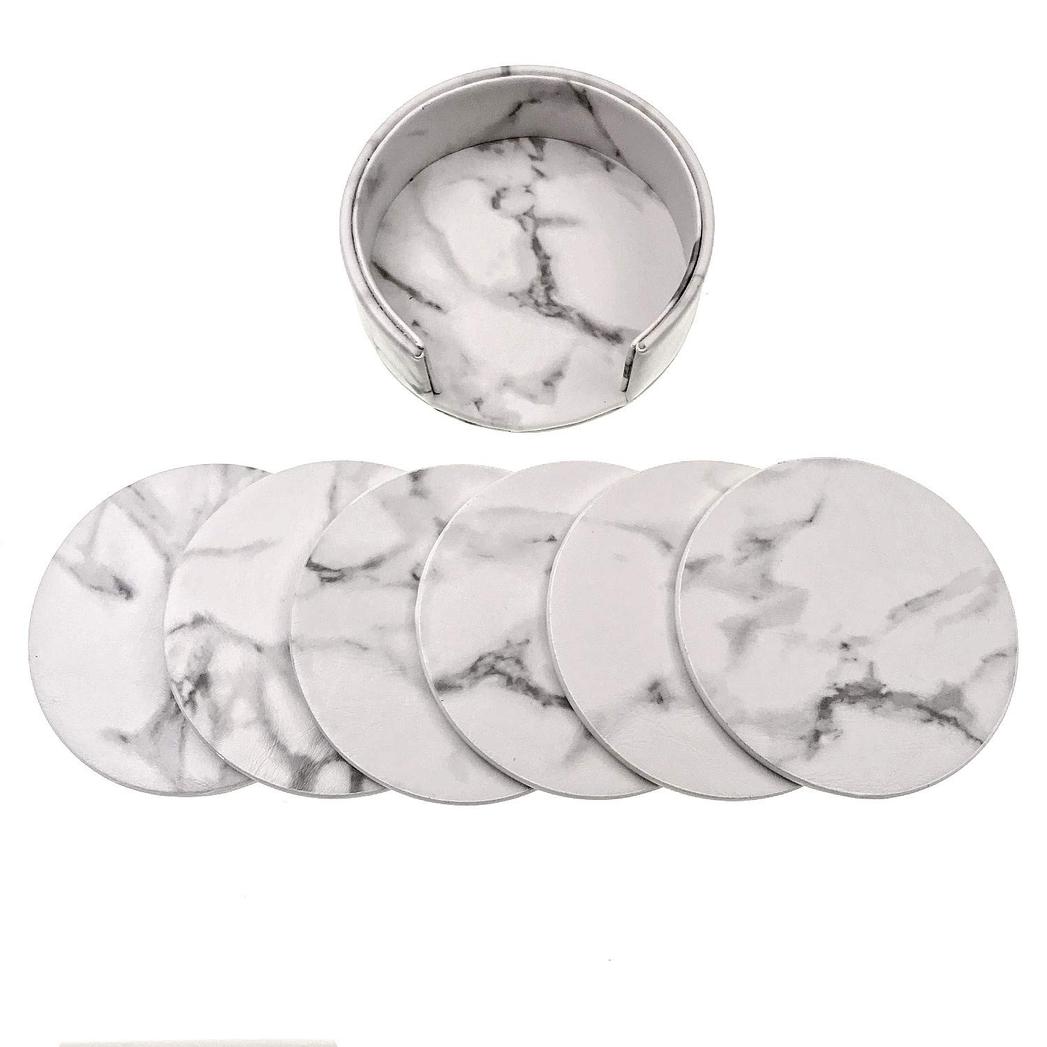 JZK 6 x White marble effect leather coasters for drinks with holder, 9.7cm 3.8 inch round cup mats coaster set for cups glass mugs