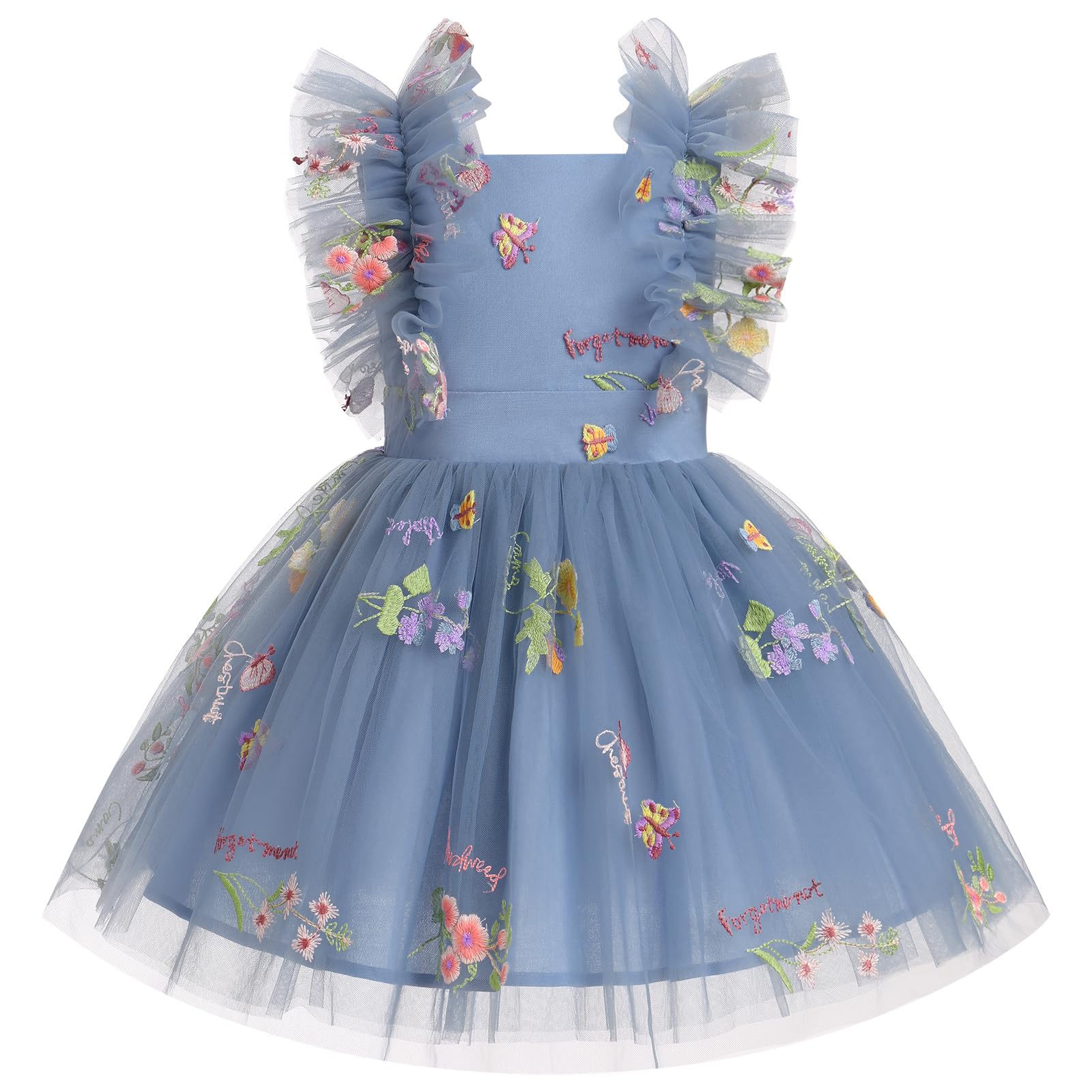 Photo 1 of IBTOM CASTLE Flower Girl Toddler Birthday Dress Embroidered Princess Tulle Tutu Dresses Little Girls Summer Beach Cake Smash Photoshoot Back to School Outfit Dusty Blue-Floral 7-8 Years