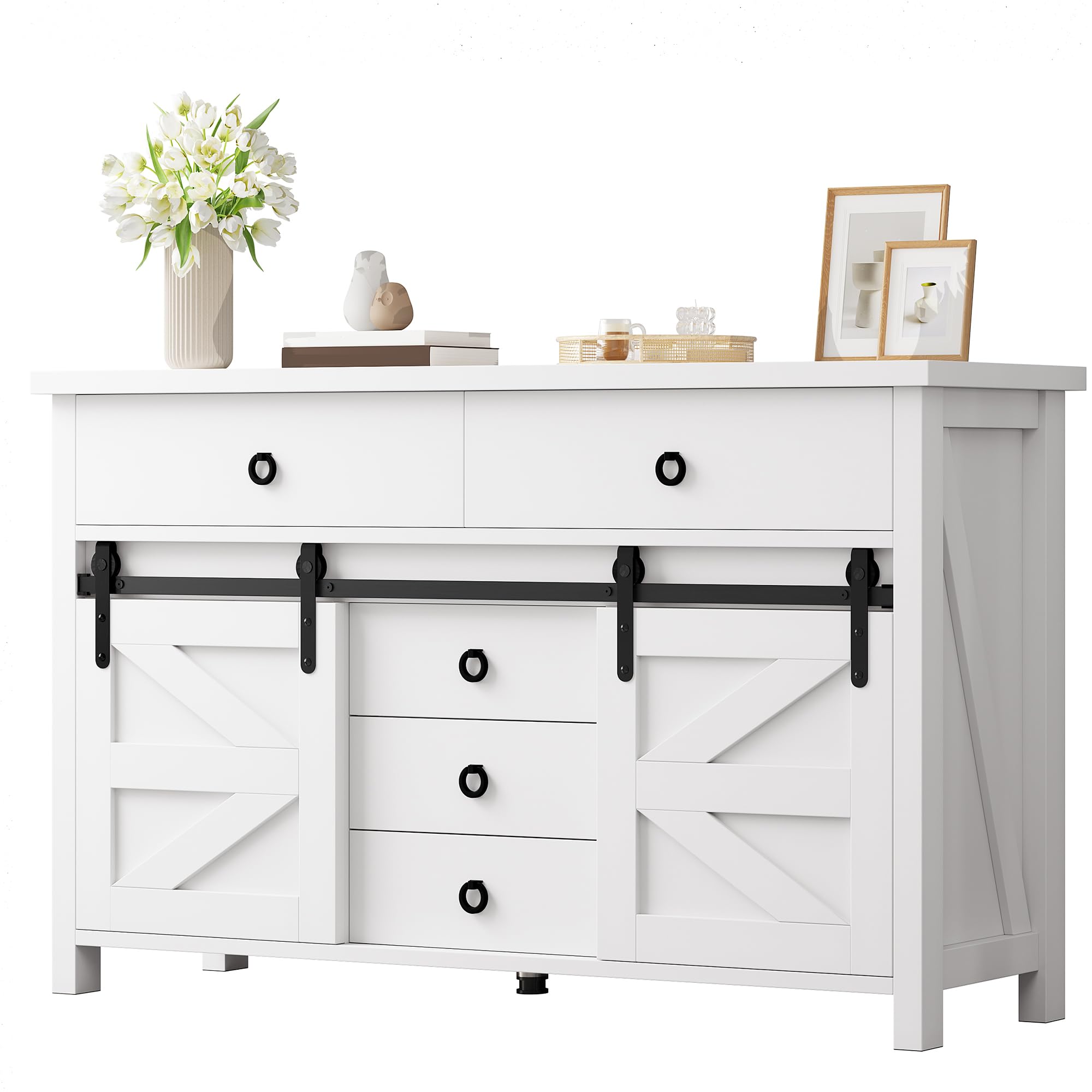 Photo 1 of  YITAHOME 54" Farmhouse Dresser for Bedroom, Large Modern Chest of Drawers, Wood Rustic Dresser TV Stand with 5 Drawers & 2 Sliding Barn Doors for Living Dining Room, Entryway, Hallway, White