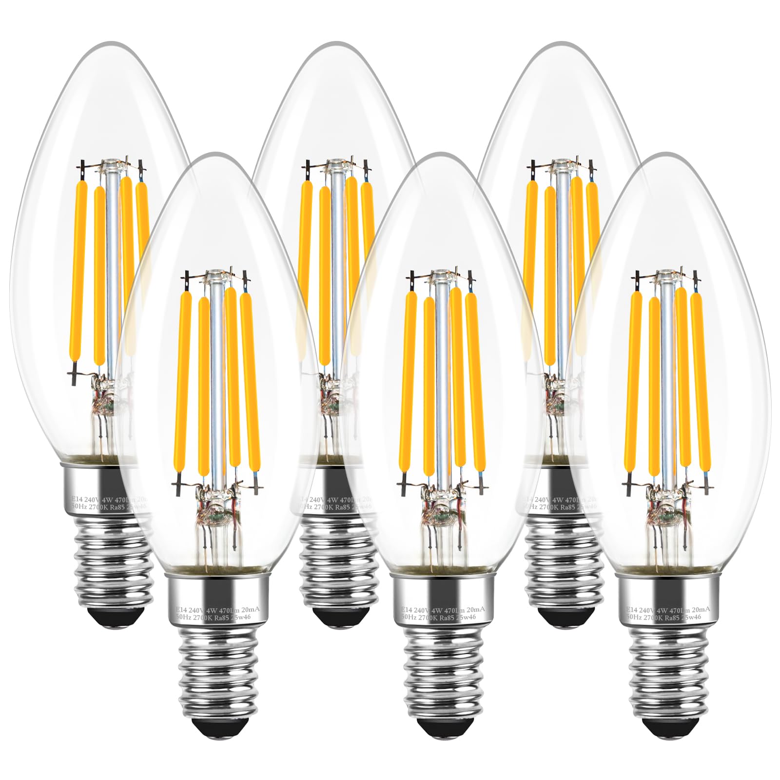 Levidon E14 LED Candle Light Bulbs Dimmable, 4W (Equivalent to 40W), Small Edison Screw (SES) 2700K Warm White Clear Filament - Pack of 6