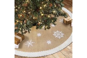 AerWo 48inch Christmas Tree Skirt with White Snowflake, Burlap Tree Skirt with Fur Sides Farmhouse Christmas Tree Skirts for Xmas Decor Festive Holiday Decorations Indoor Outdoor
