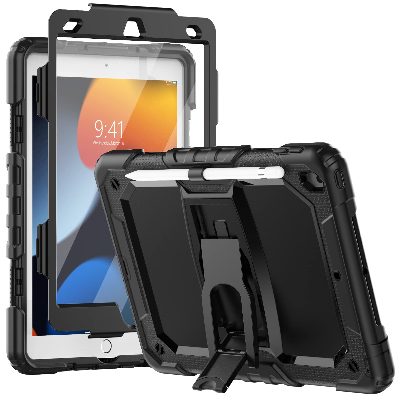 SEYMCY Shockproof Case for iPad 9th/8th/7th Generation 10.2 Inch 2021/2020/2019, Full-body Protection Case with Screen Protector, Built-in Folding Stand, Pencil Holder, Black