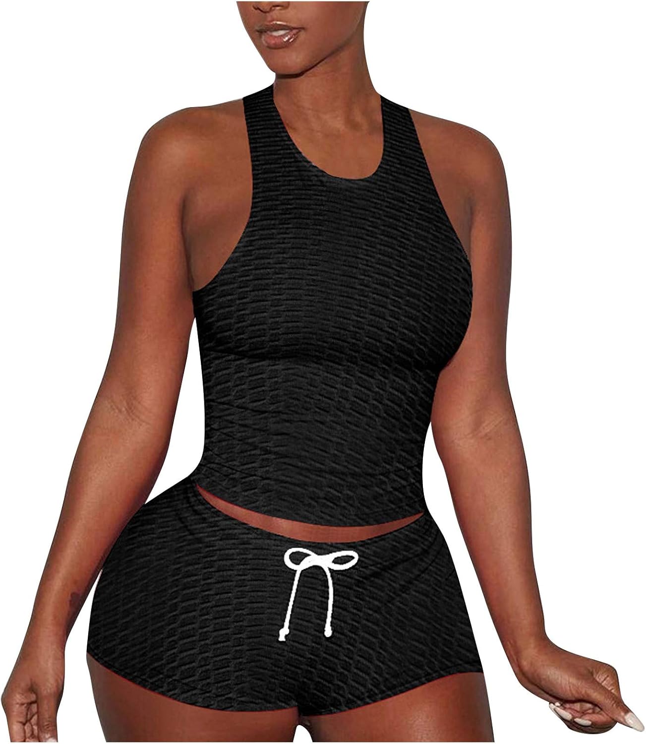 Angelï¼J Yoga Sets for Women 2 Piece Solid Short Sleeve High Waisted Fitness Honeycomb Seamless 