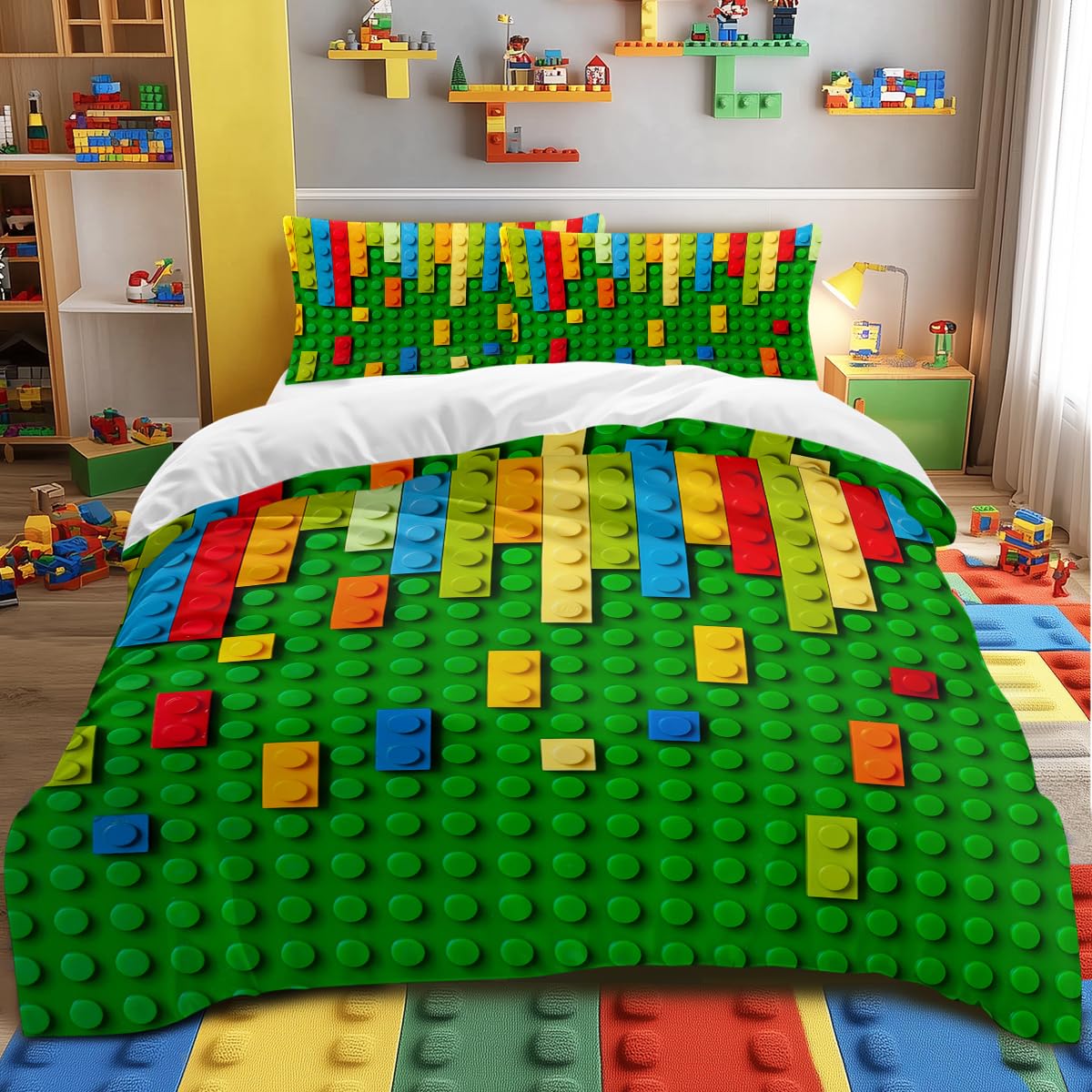 BlessLiving Boys Single Size Bedding Set Kids Toy Pattern Duvet Cover Set Green 3 Piece Colorful Toy Blocks Comforter Cover Set for Teens Kids Boys Girls (Single)