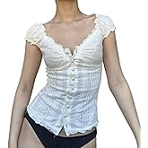 Women Solid Color Crop Top Lace Short Sleeve Patchwork T-Shirt Aesthetic Fairy Slim Fit Button Down Blouse